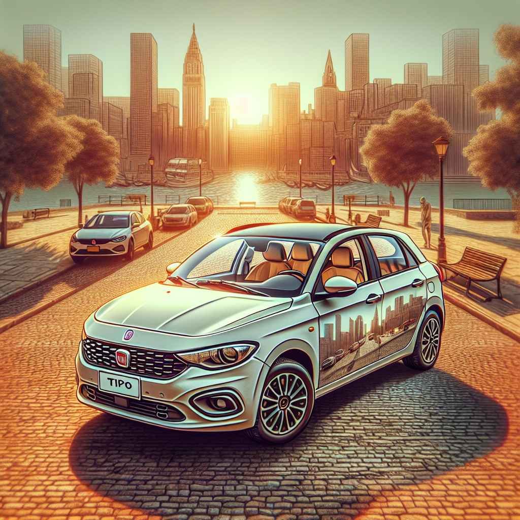 Fiat Tipo parkiran, prostrana unutrašnjost, gradski pejzaž, sažet dizajn, predstavljen kao pouzdan, obiteljski automobil.