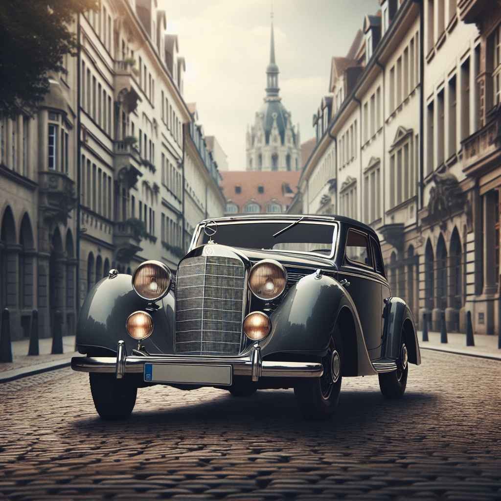 Elegantni Mercedes-Benz 170S (W136), klasični dizajn, starinski šarm, fotografiran u povijesnom europskom urbom okruženju.