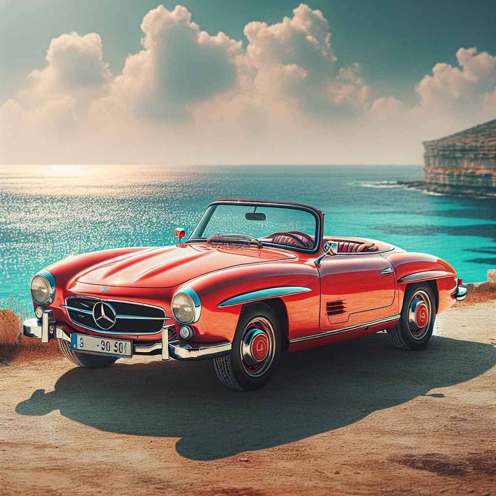 Mercedes-Benz 190SL (W121) na obali, elegantan, klasičan dizajn, crvena karoserija, otvorena kabina, pozadina azurno more.