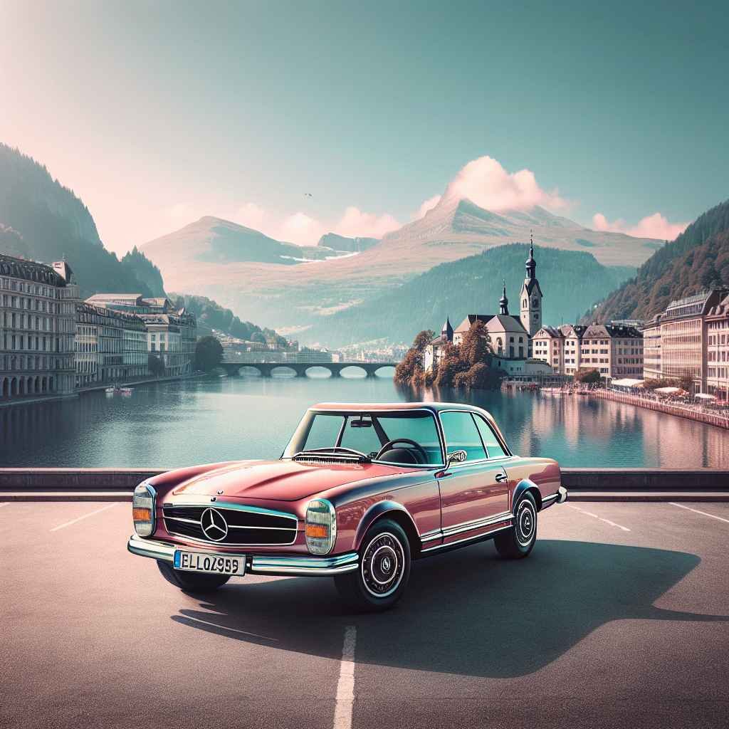 Mercedes-Benz 280SL (W113) na znamenitoj fotografiji, elegantan, klasik, obojen, usred slikovitog krajolika ili gradskog ambijenta.