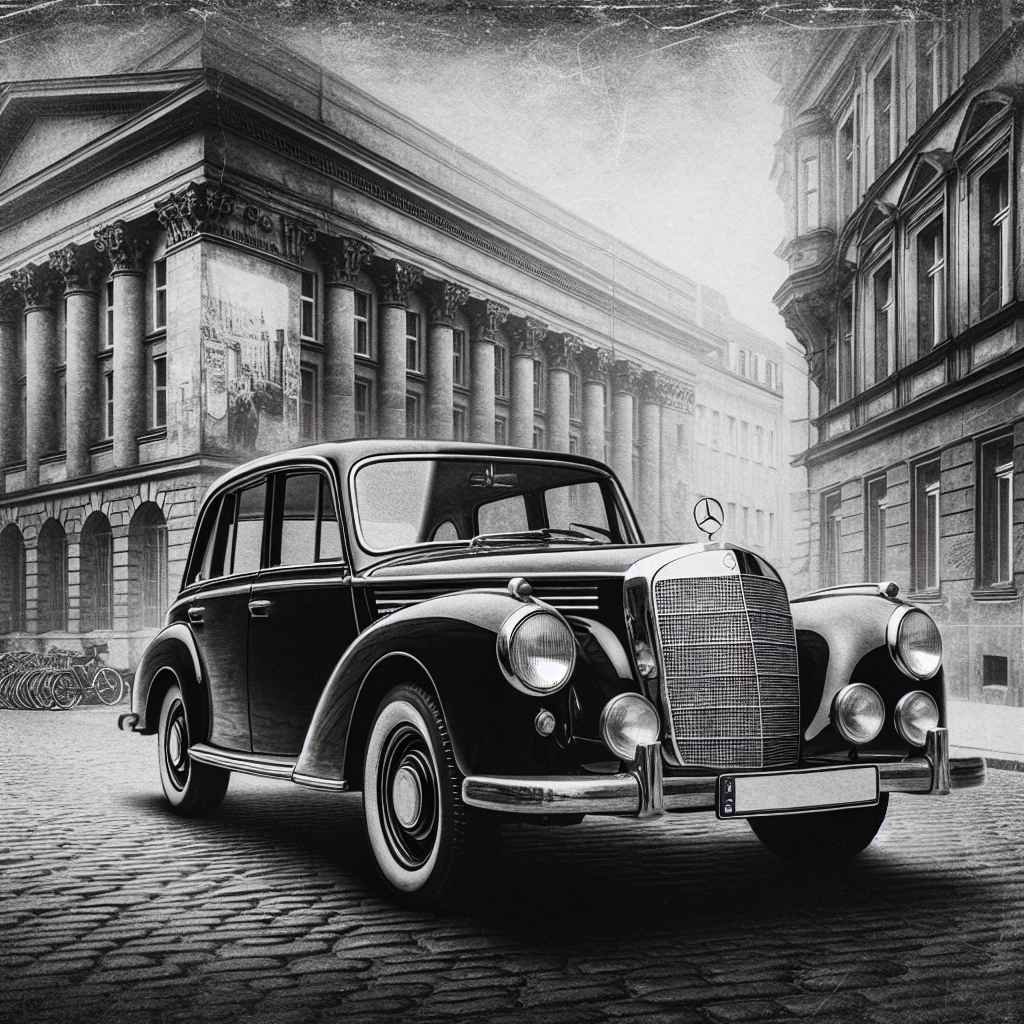 Mercedes-Benz 320 (W142) na staroj crno-bijeloj slici, elegancija, klasična pozadina, retro šarm.