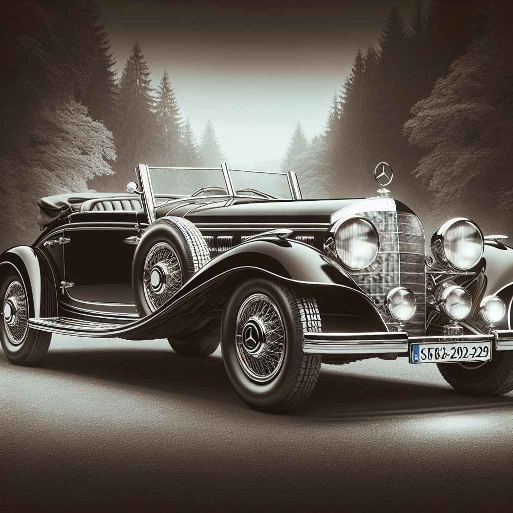 Elegantni Mercedes-Benz 500K 540K (W29), klasični kabriolet, sjaji na starinskim crno-bijelim fotografijama, luksuzno vozilo 1930-ih.