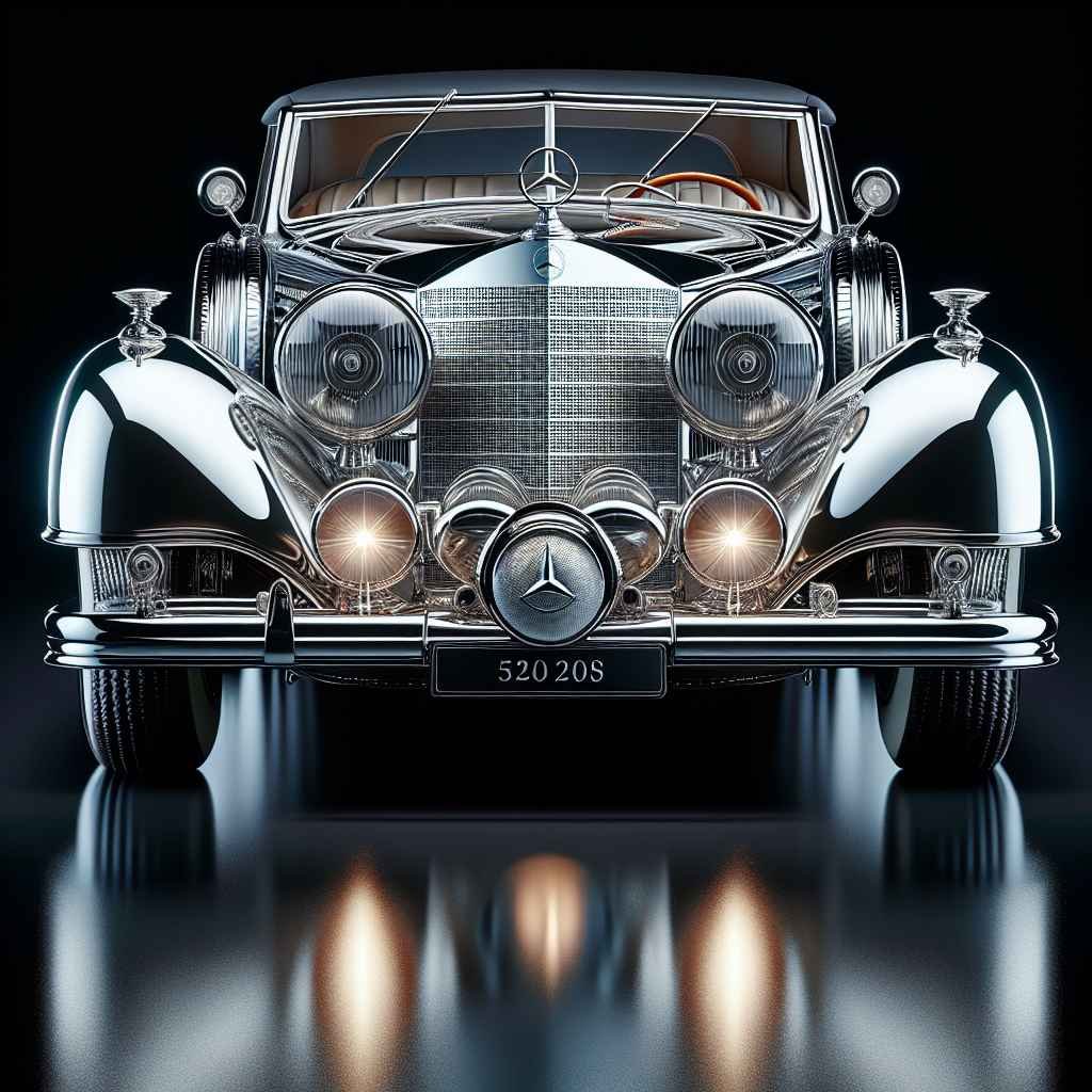 Mercedes-Benz 540K (W29) sjaji, elegantan, klasičan dizajn, odražava luksuz i moć, često s visokim društvenim figuрамa.