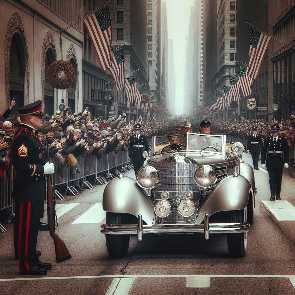 Adolf Hitler paradira u Mercedes-Benz 770 (W07), masivni kabriolet, okružen stražom i ruljom gledatelja.