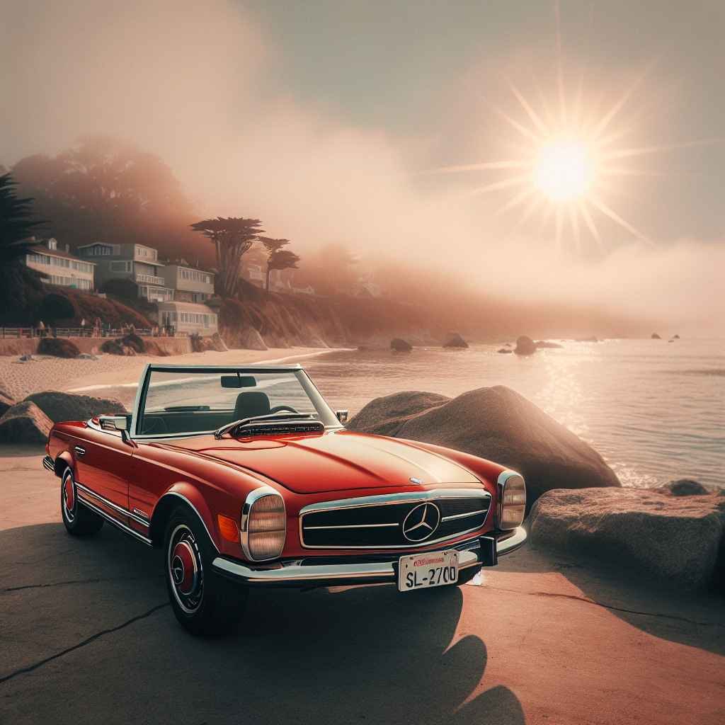 Mercedes-Benz R107 (SL-Class), crveni kabriolet parkiran pored obale, elegantan dizajn, statusni simbol, ikona 70-ih/80-ih.