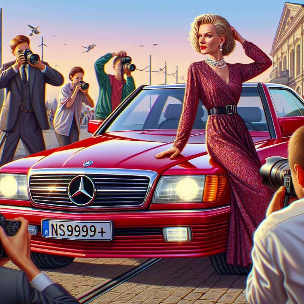 Mercedes-Benz R129, Princess Diana, ljetni dan, crveni SL, paparazzi, poznata scena 1990-ih.
