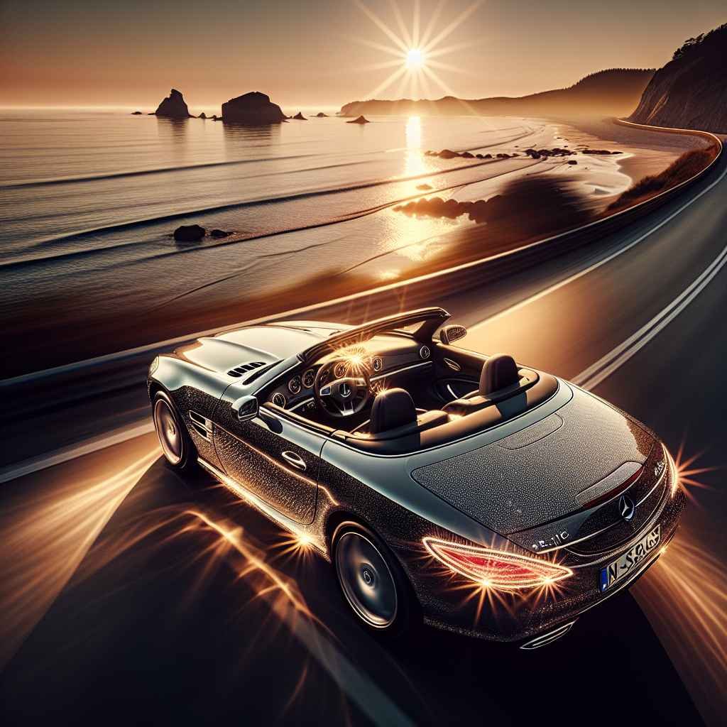 Mercedes-Benz R170 SLK-Class s krovom dolje, sjaji na sunčanoj obali ili cesti, simbolizira eleganciju i slobodu.