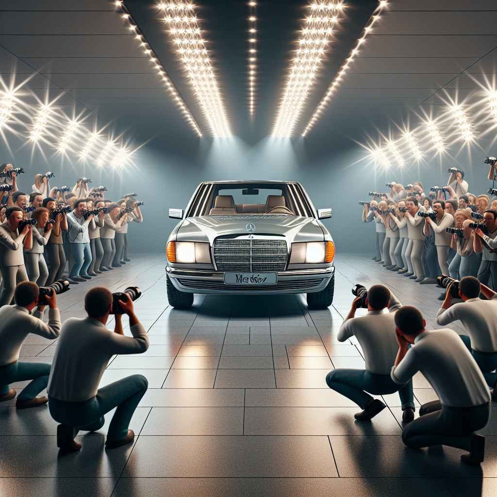 Mercedes-Benz W140 kod predstavljanja, okružen brojnim paparazzo fotografima koji blješte svojim blicevima.