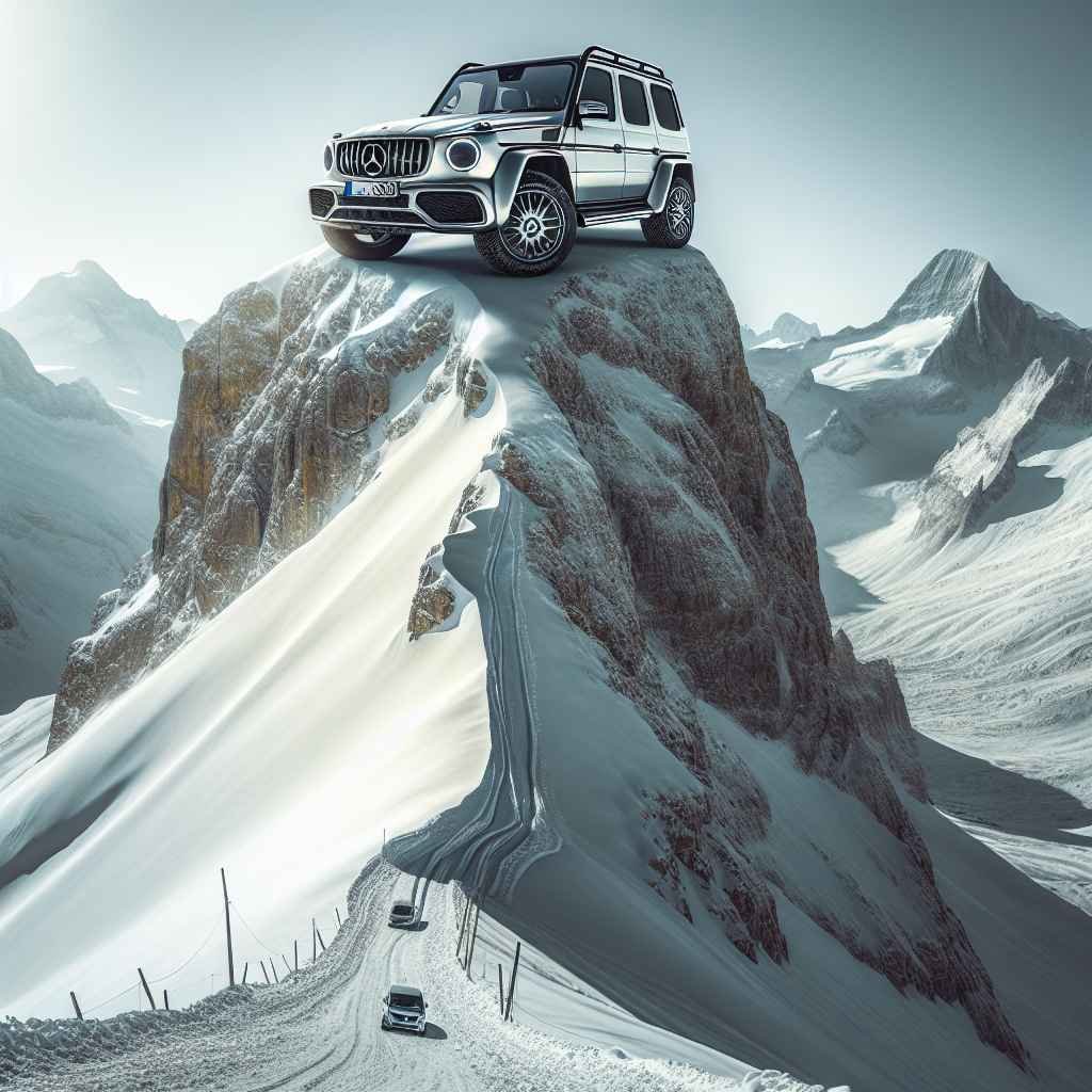 Mercedes-Benz W463 na slici popeo se na strmog, snježnog planinskog vrha, stvarajući ikoničan prizor sile.