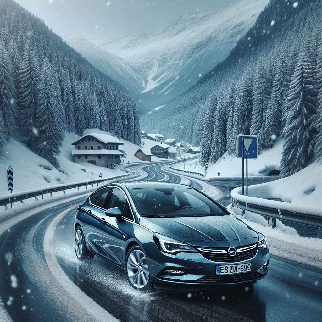 Opel Astra (F G) kreće se snijegom pokrivene ceste okružene zimskim pejzažom.
