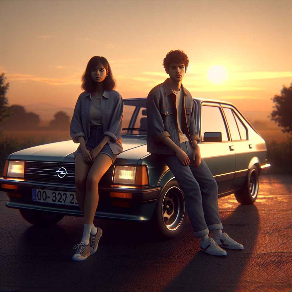 Opel Kadett (E) parkiran s dvoje mladih uz zalazak sunca.