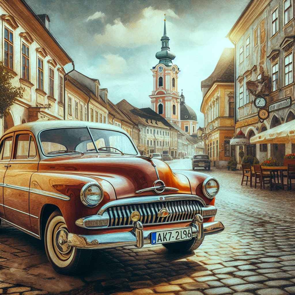 Opel Kapitän parkiran, stari grad, klasični elegancija, povijesna atmosfera, ikonični dizajn automobila.