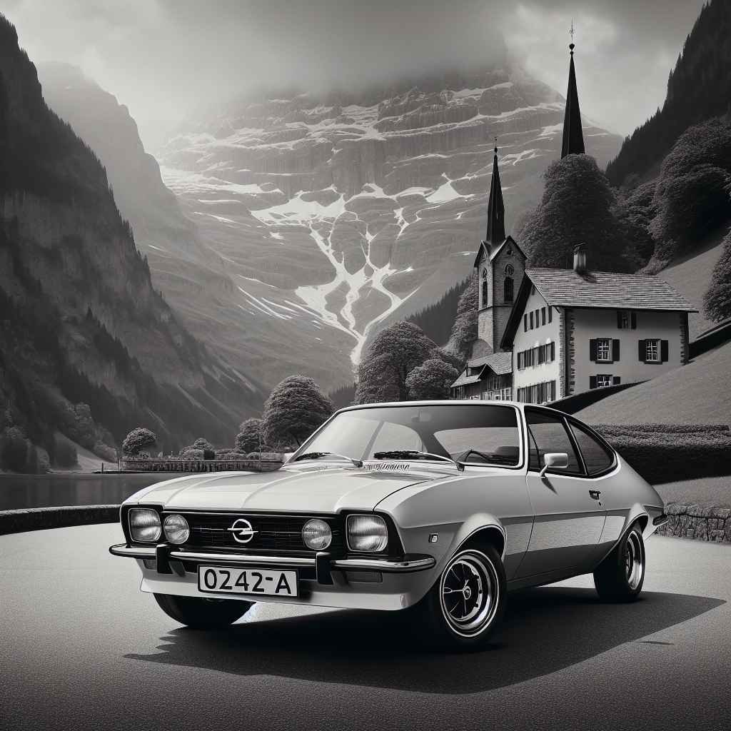 Crno-bijeli snimak, Opel Manta (A) elegantno parkiran, kultni status, retro šarm.