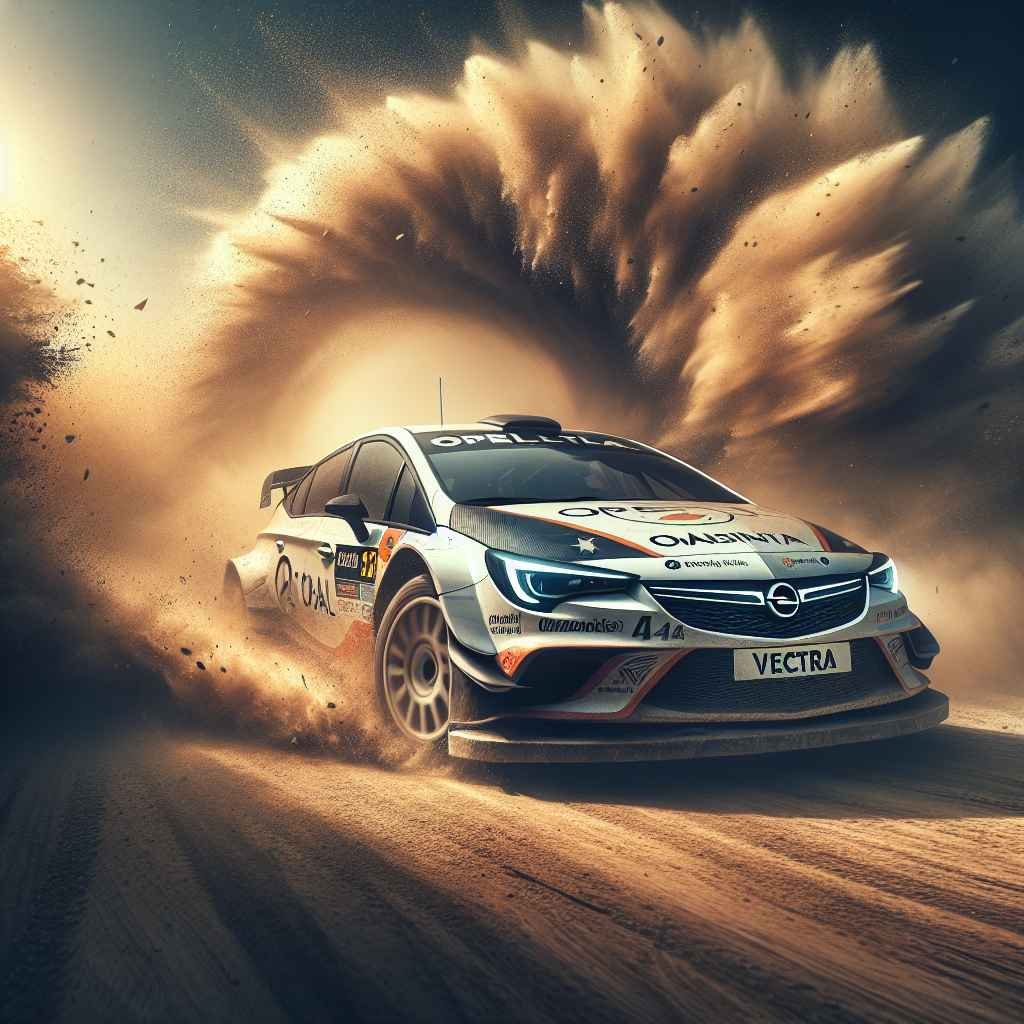 Opel Vectra (A) na rally utrci, dinamična slika, prašina, brzina, natjecateljski brojevi.