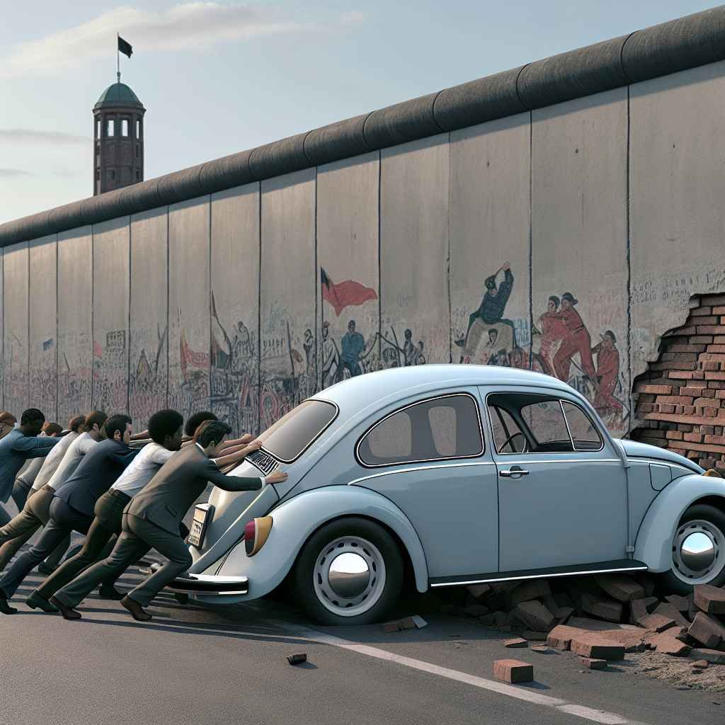 Volkswagen Beetle (Type 1) parkiran, ljudi ga guraju preko Berlinskog zida, simbolizirajući slobodu.