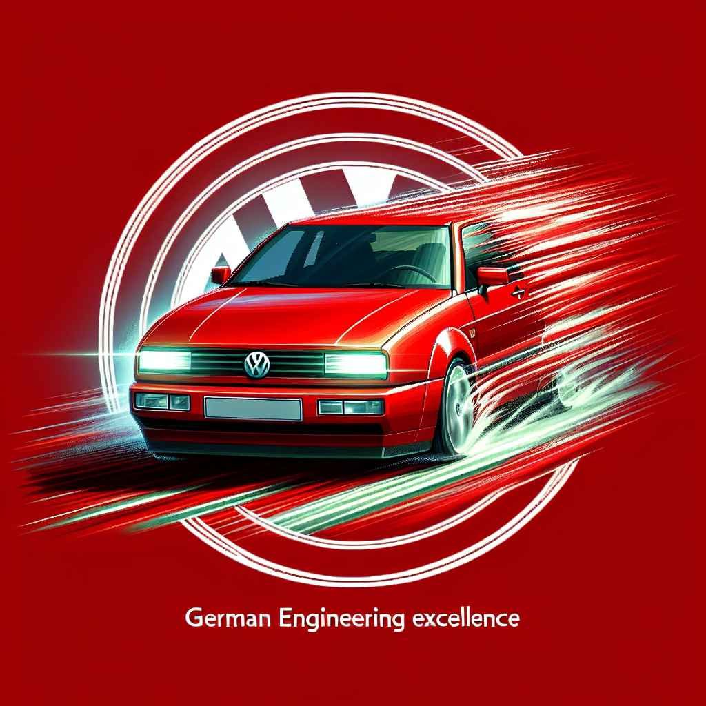 Volkswagen Corrado u pokretu, često prikazan crvene boje, agilno zavija, simbolizira njemačku inženjersku izvrsnost.