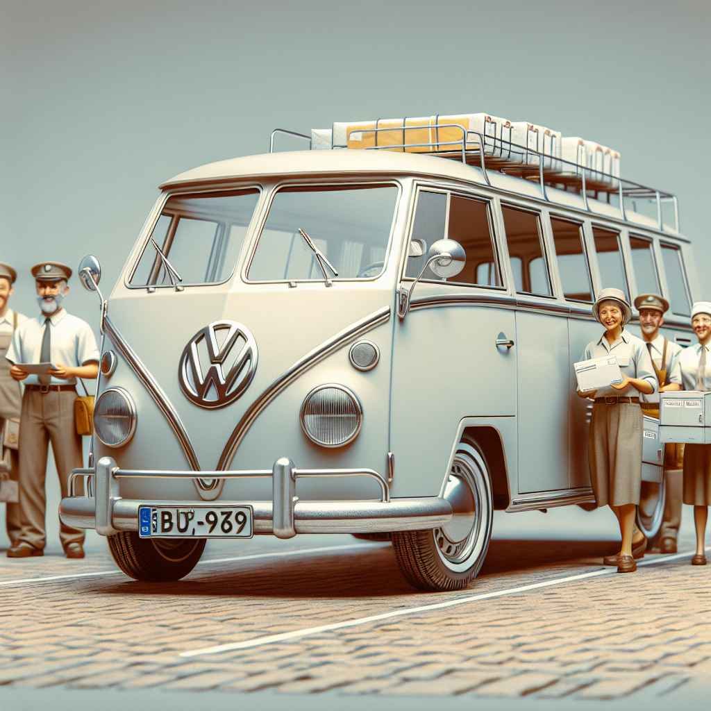 Volkswagen Fridolin parkiran, poštari pokraj vozila, dostava, ikonična službena uloga, vintage izgled.