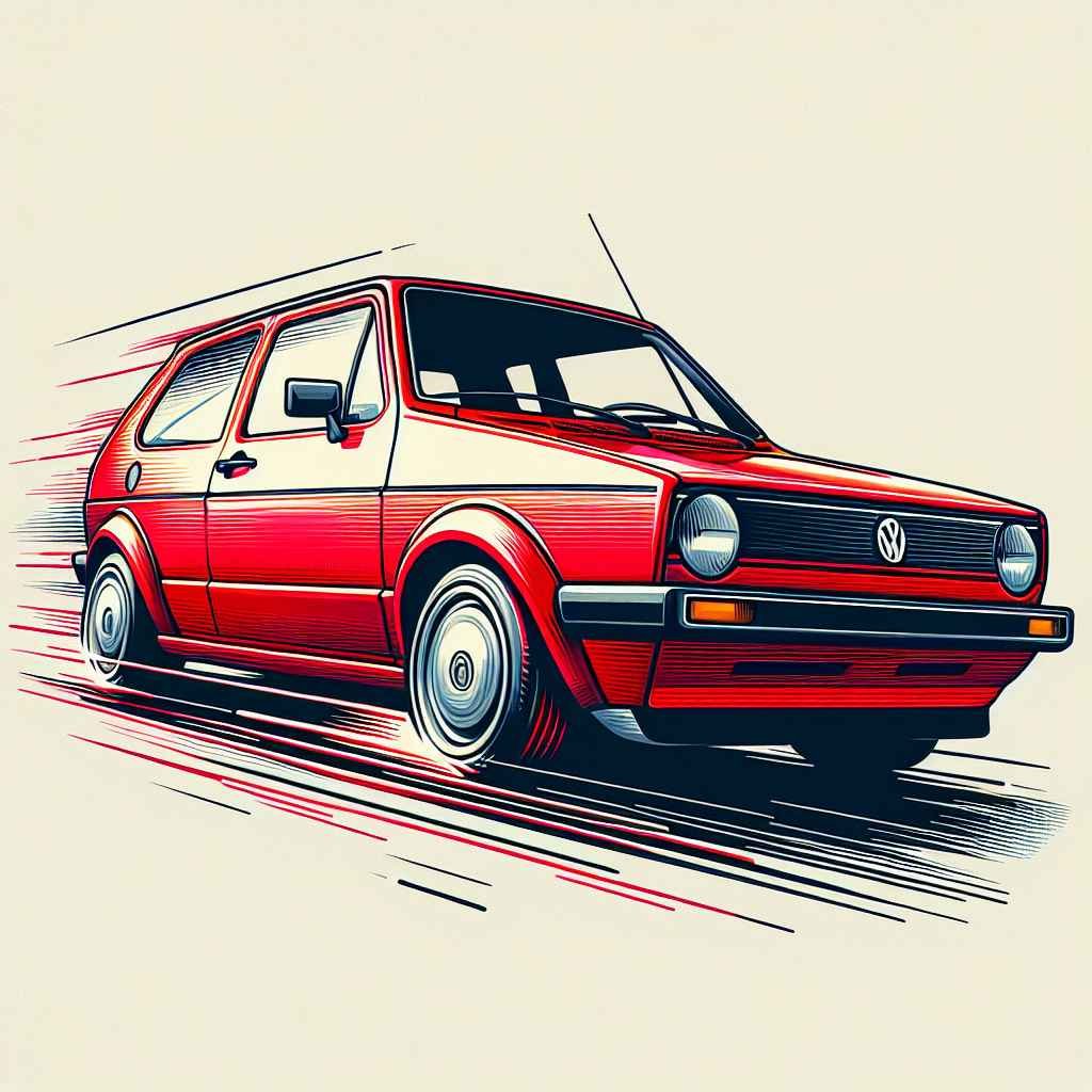 Volkswagen Golf Mk2 u pokretu, često crvene boje, čista, klasična silueta ikoničnog kompaktnog automobila.