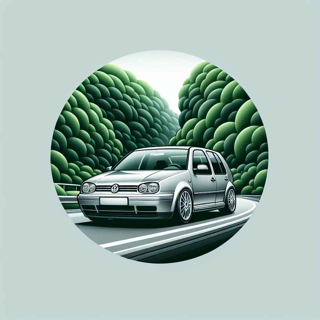 Volkswagen Golf Mk4, srebrni, na putu, okružen zelenim pejzažom, čista linija dizajna, ikoničan kompaktni automobil.