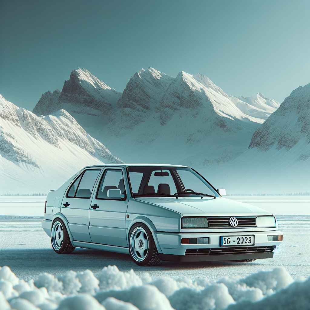 Volkswagen Jetta Mk3, bijela, snijeg, planine, samoća, minimalizam, hladni tonovi, 90-te, ikonični dizajn.