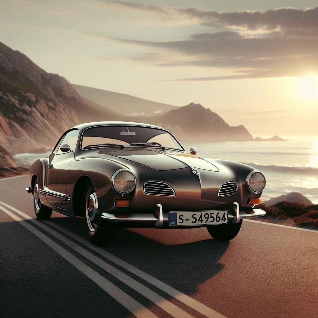 Volkswagen Karmann Ghia (Type 14) na obalnoj cesti, klasične linije, retro šarm, prepoznatljiva silueta, elegancija u pokretu.