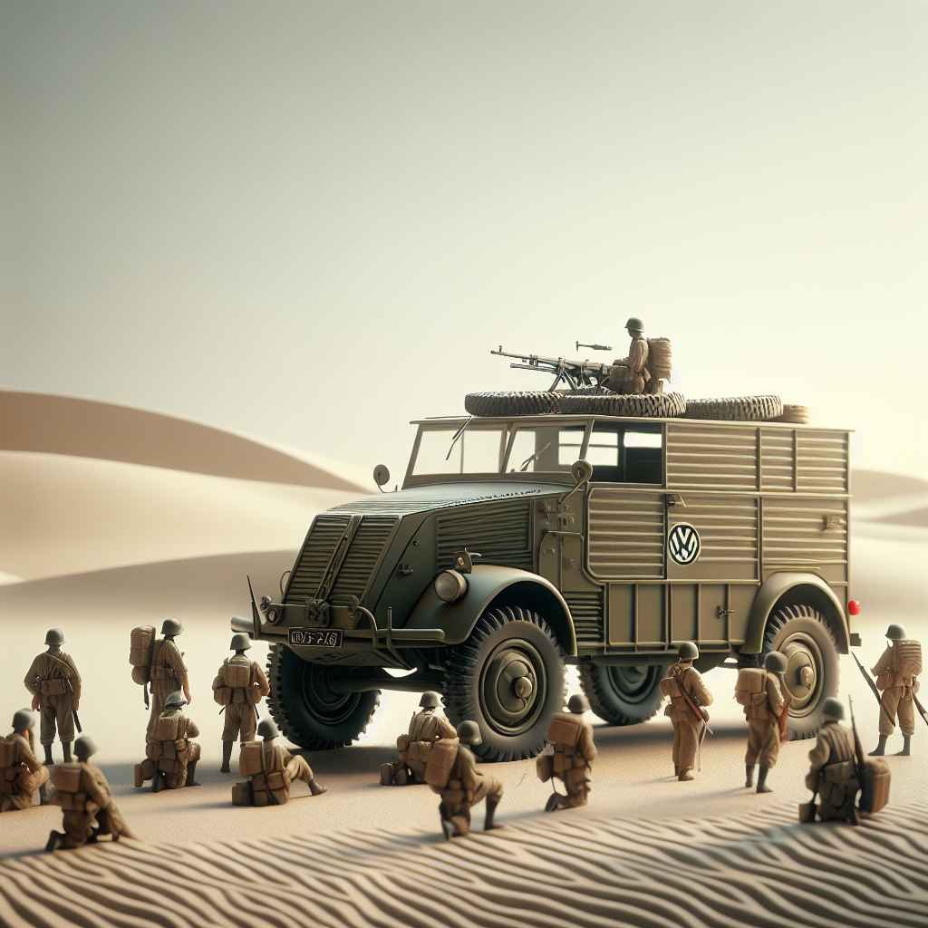 Volkswagen Kubelwagen u pustinji, Drugi svjetski rat, vojnici, ikoničan vojni terenac, minimalistički dizajn.