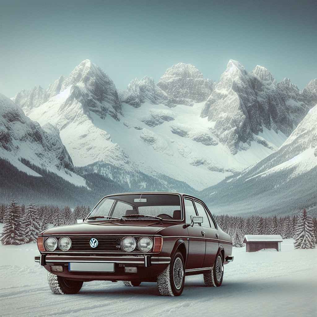 Volkswagen Passat B3 B4, parkiran na Alpama, pozadina planine, zima, snijeg, prepoznatljiv dizajn, klasično izdanje sedana.