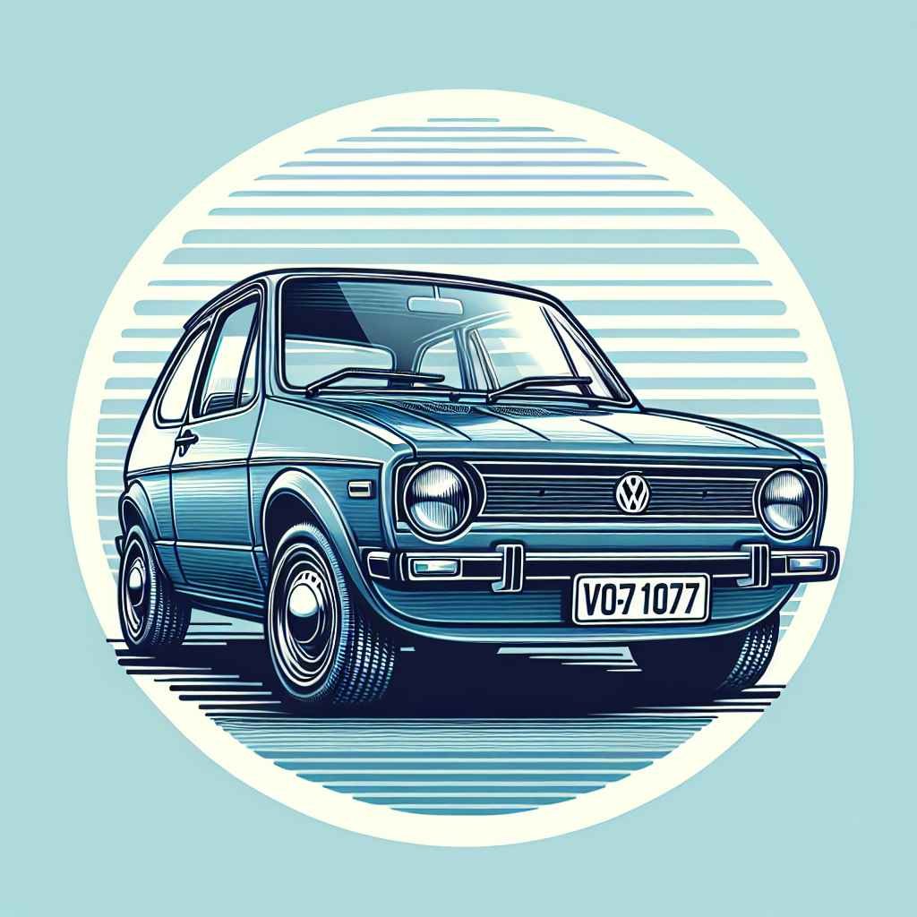 Volkswagen Polo Mk1 na slici: kompaktni, plavi automobil, čistih linija, okružen 70-ih estetikom.