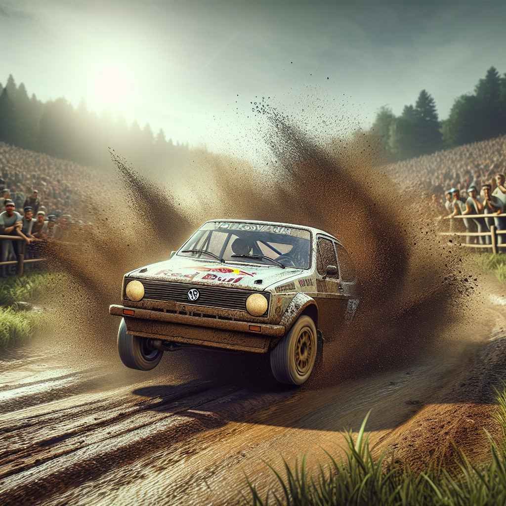 Volkswagen Polo Mk2 u skoku na reliju, blatnjav, dinamičan, staza okružena gledateljima.