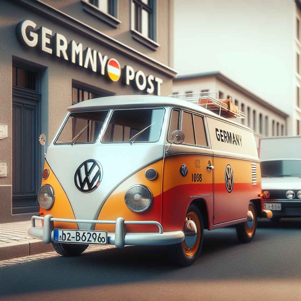 Volkswagen Type 147 (Fridolin) parkiran, dostavlja poštu, prepoznatljive pošte Njemačke boje, klasični dizajn, retro šarm.