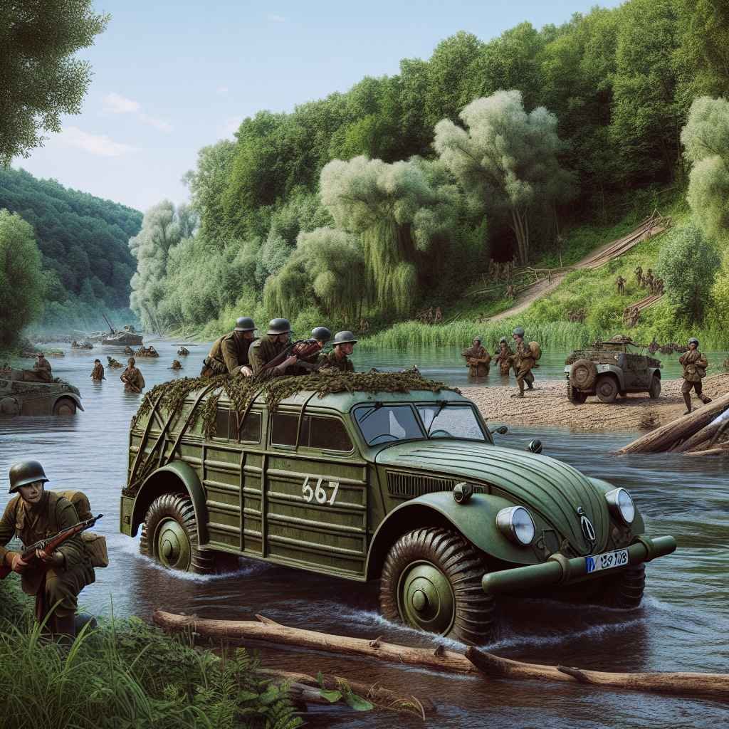 Volkswagen Type 166 (Schwimmwagen) u rijeci s vojnicima, amfibijsko vozilo u prirodi, drugi svjetski rat.