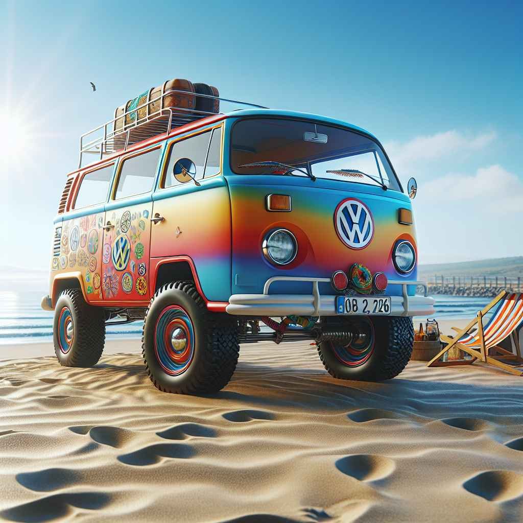 Volkswagen Type 181 (Thing) na plaži, šarene boje, hipi simbol, vesela atmosfera.