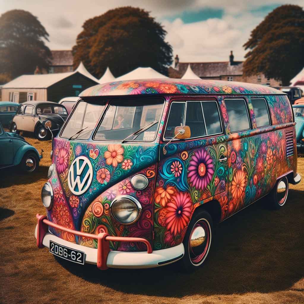 Volkswagen Type 2 (T1 T2) parkiran na hipijevskom okupljanju, obložen šarenim psihodeličnim cvjetnim motivima, simbol slobode 60-ih.