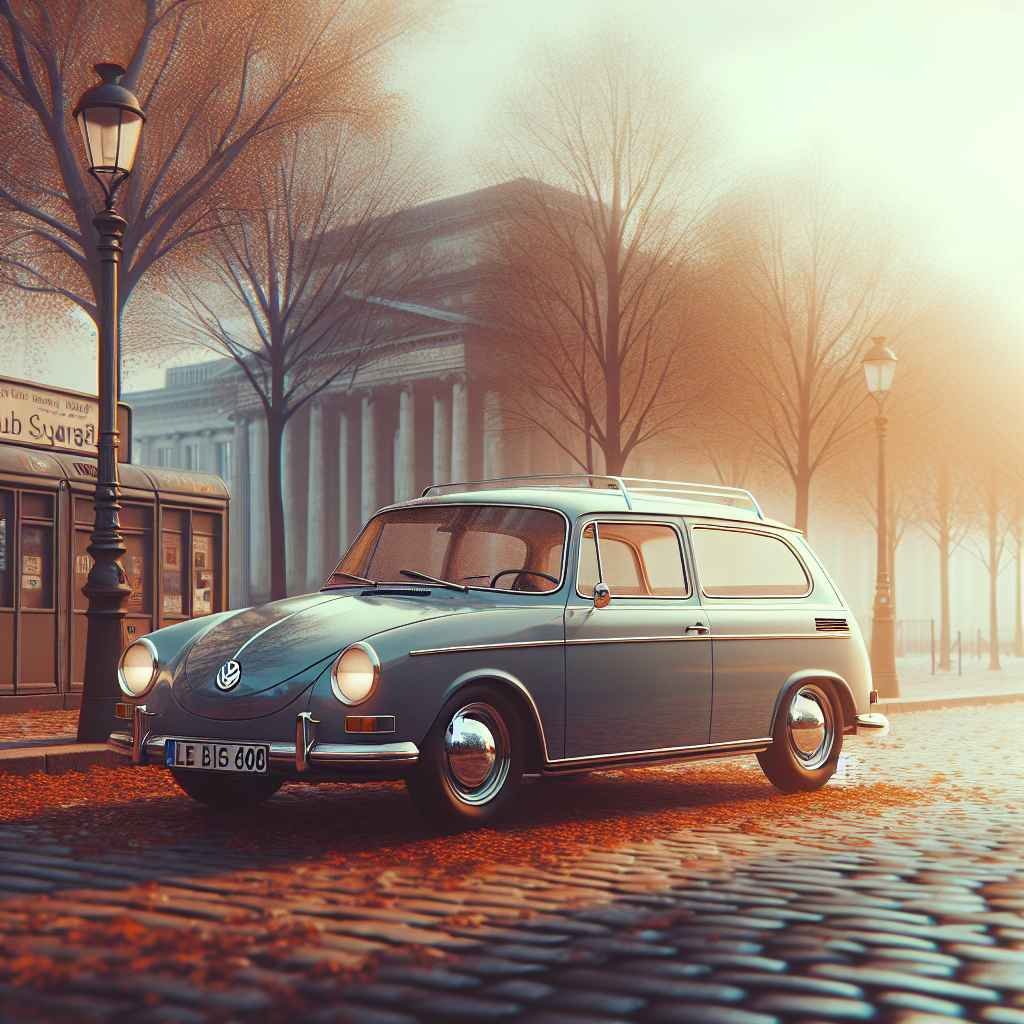 Volkswagen Type 3 (Fastback Squareback) parkiran, ikoničan dizajn, retro šarm, simbol 60-ih, često u nostalgiji natopljenim scenama.